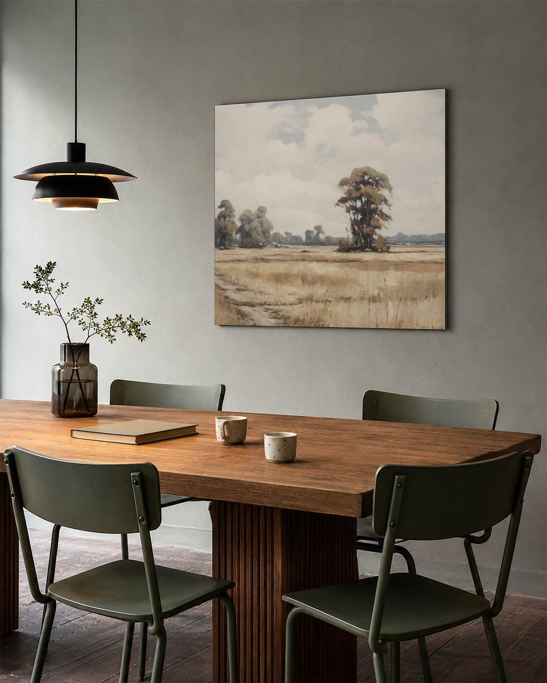 Rustige landschap weergave kunstwerk – tweede productweergave – dit werk toont een uitgestrekt veld met verspreide bomen