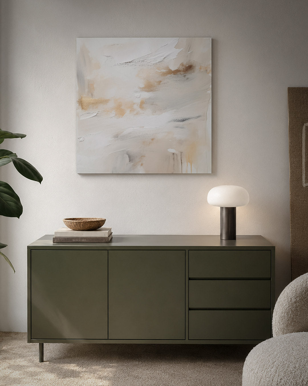 Zachte kleuren harmonie kunstwerk – detailweergave – dit kunstwerk toont een vloeiende compositie van beige en wit, met