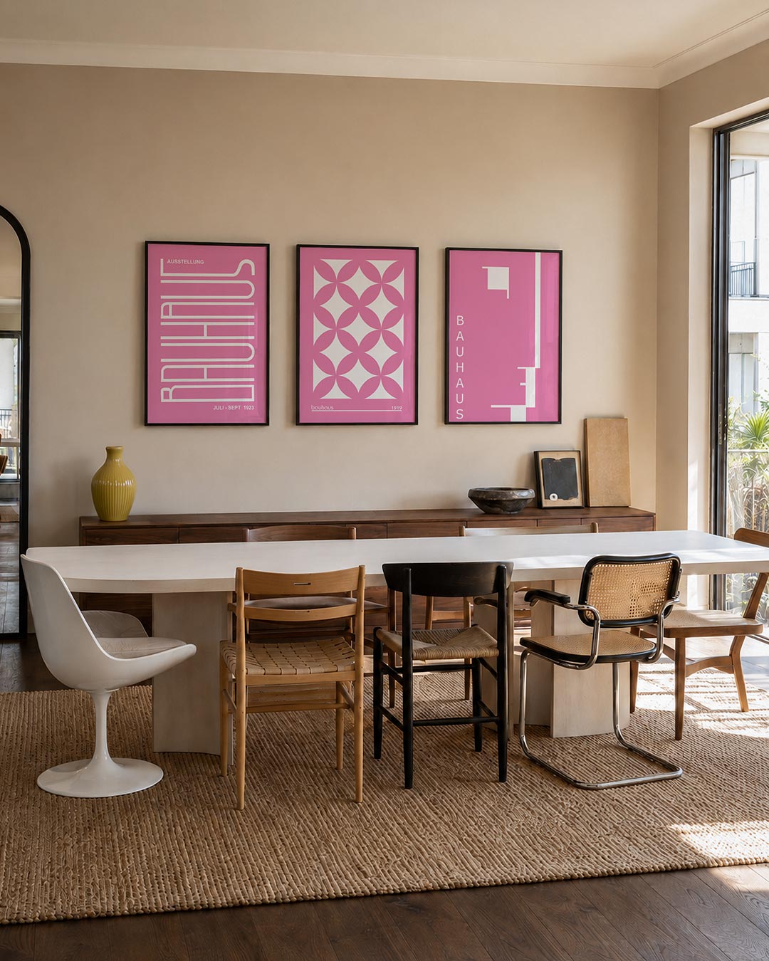 Lijnen en kleurvlakken driedelige posterset – deze posterset in drie delen toont een speels lijnenspel op een roze