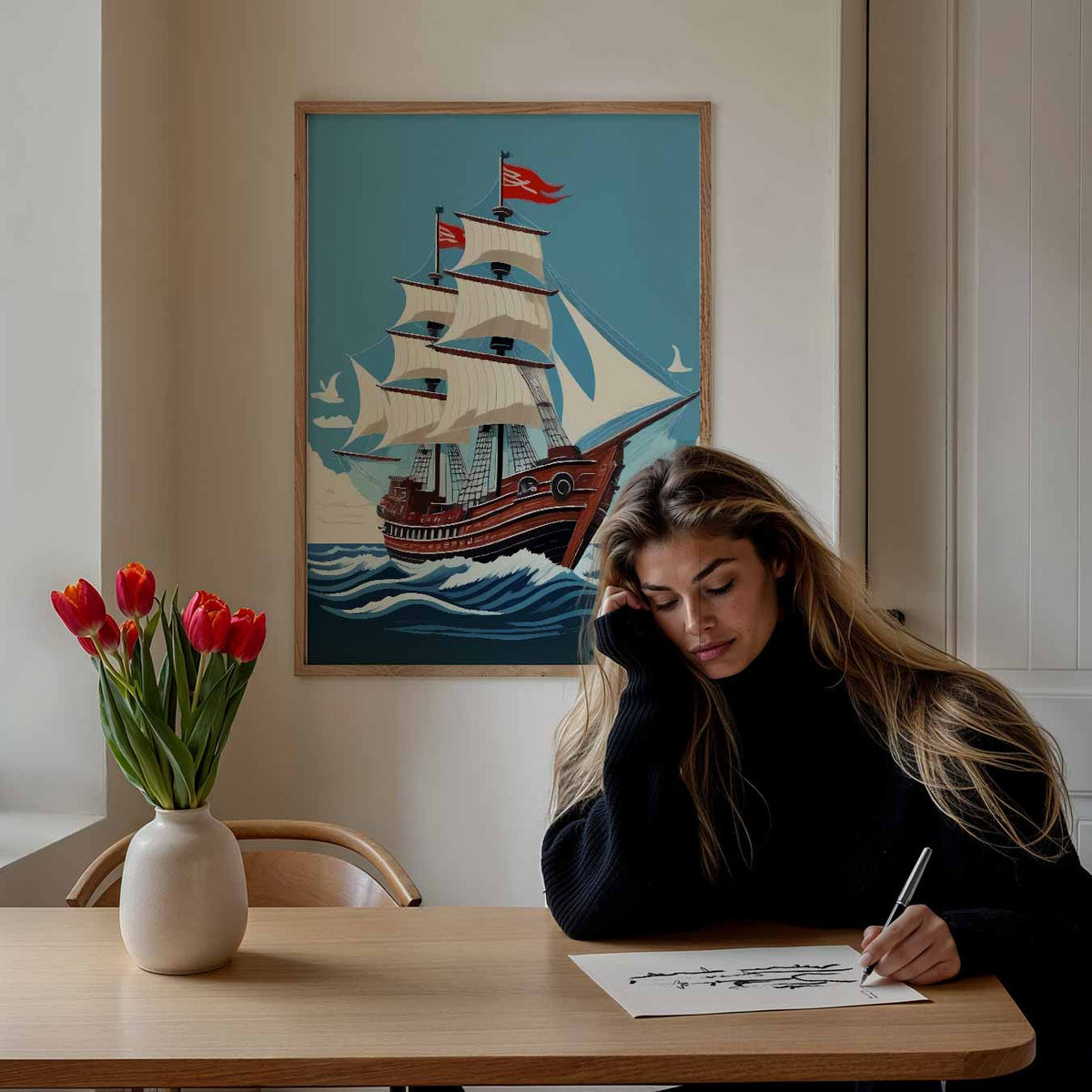 Avontuurlijke Zeilboot op Zee – staande muurposter voor de kinderkamer