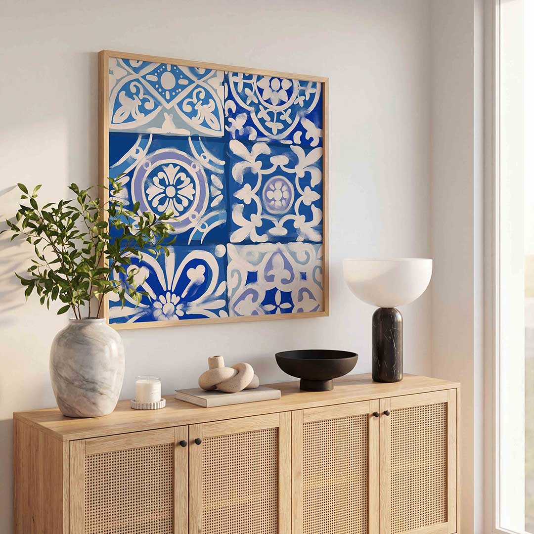 Blauwe tegelpatronen – illustratie poster in vierkant formaat