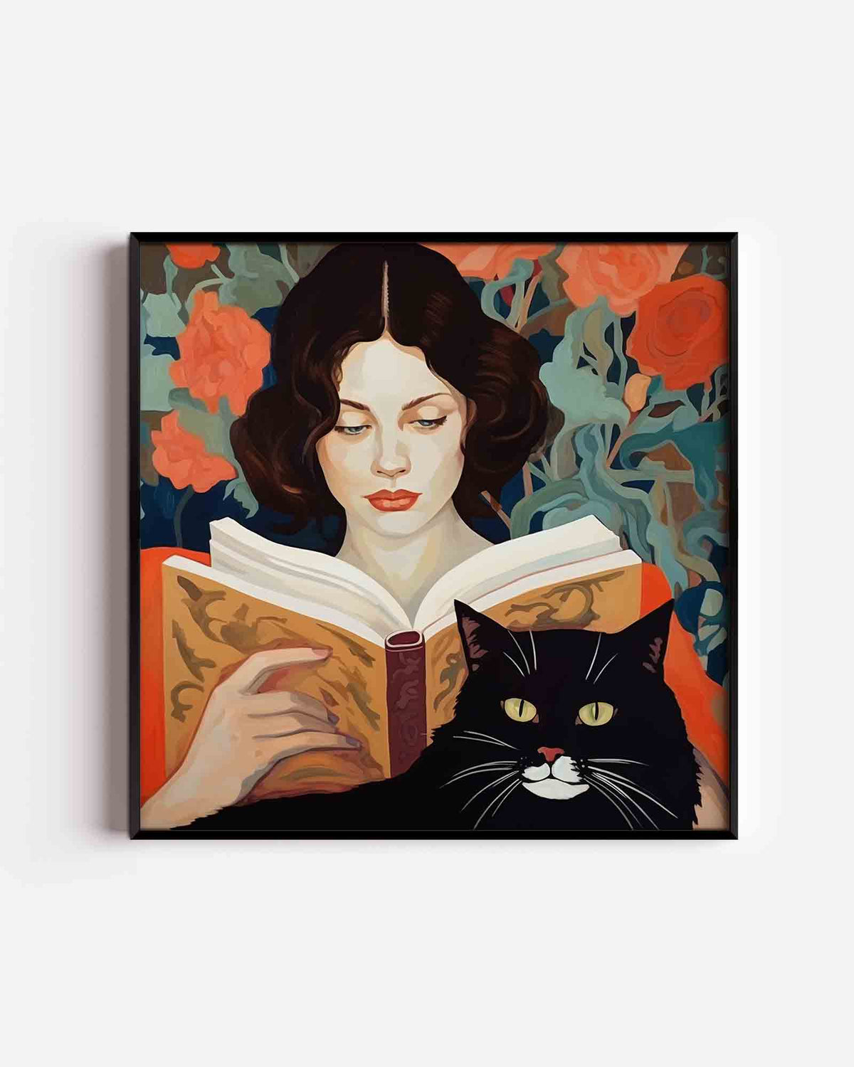 Lezende vrouw en kat – vrouwelijk portret als vierkante poster