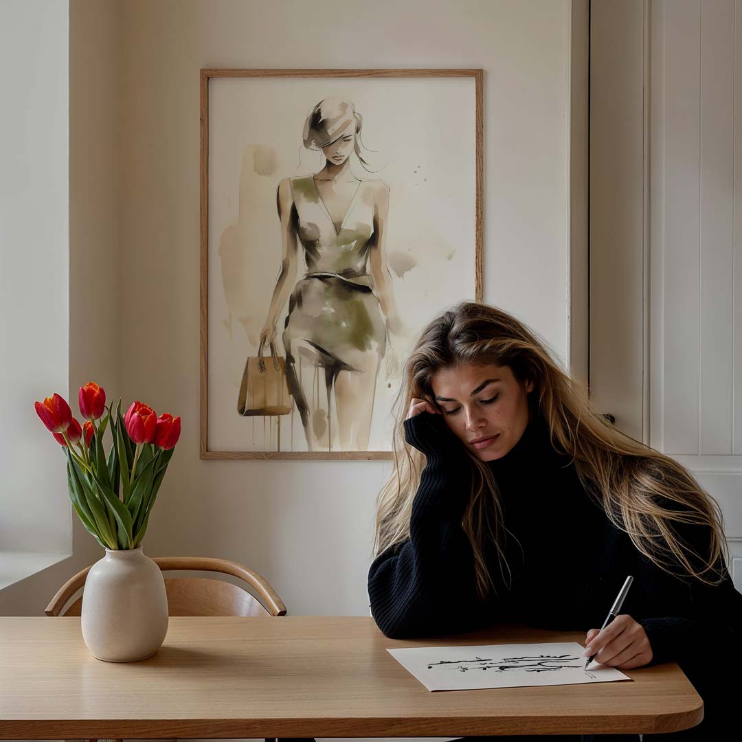 Stijlvolle Mode Illustratie – staande vrouwelijke wanddecoratie van WallArtistic