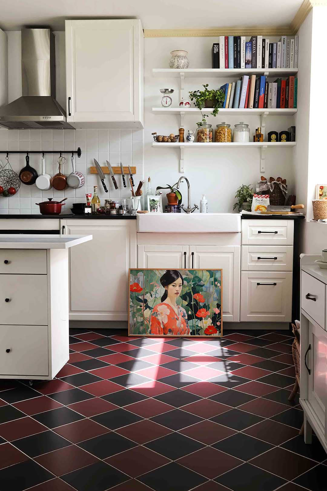 Vrouw in bloemen – liggende keuken wanddecoratie van WallArtistic
