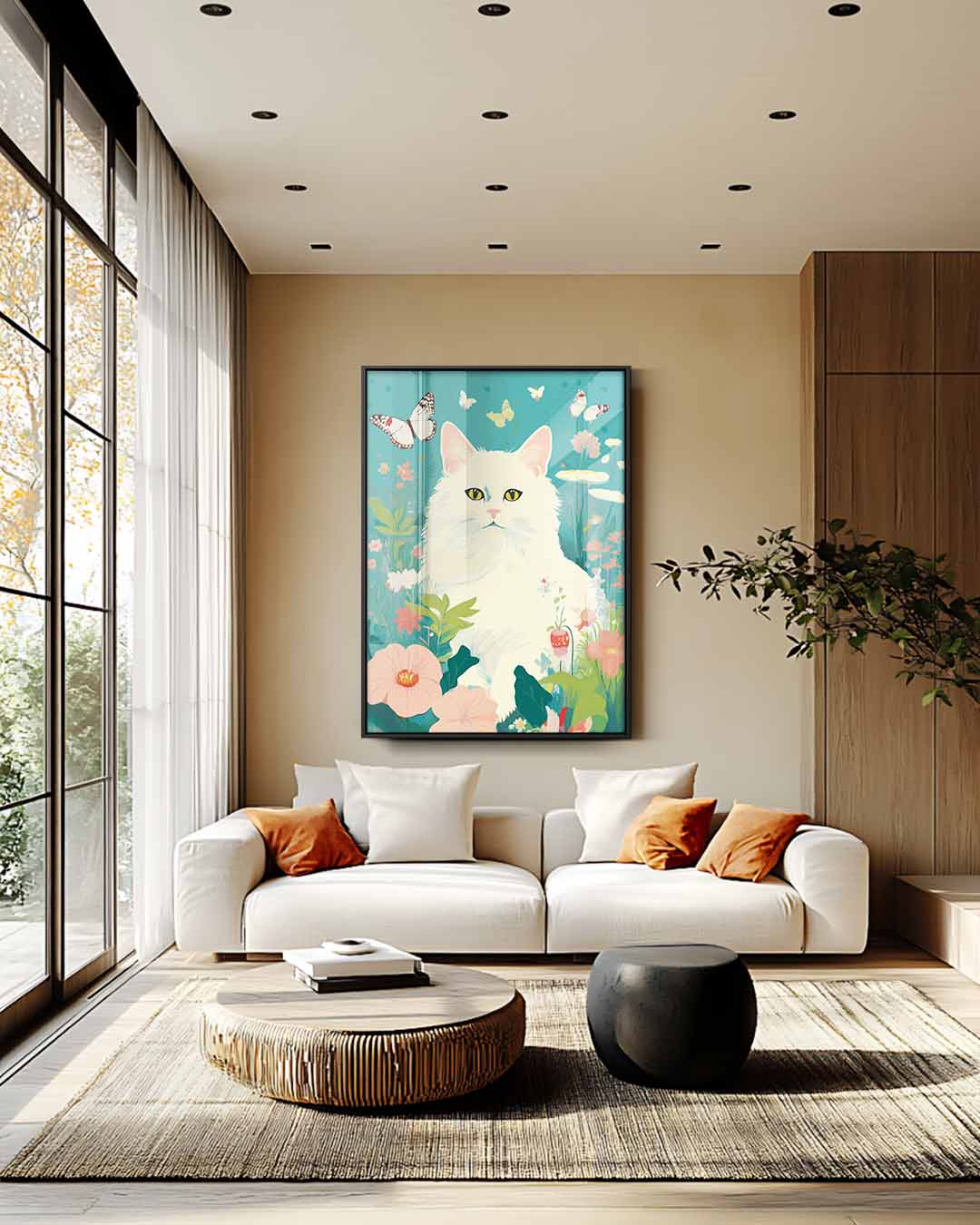 Opera d'arte: Gatto sognante in un giardino fiorito