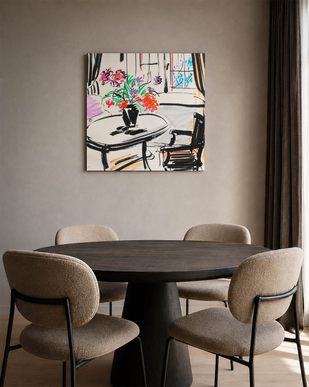 Kleurrijke interieurtekening kunstwerk – vierkante wanddecoratie – dit toont een levendige interieurtekening met vloeiende