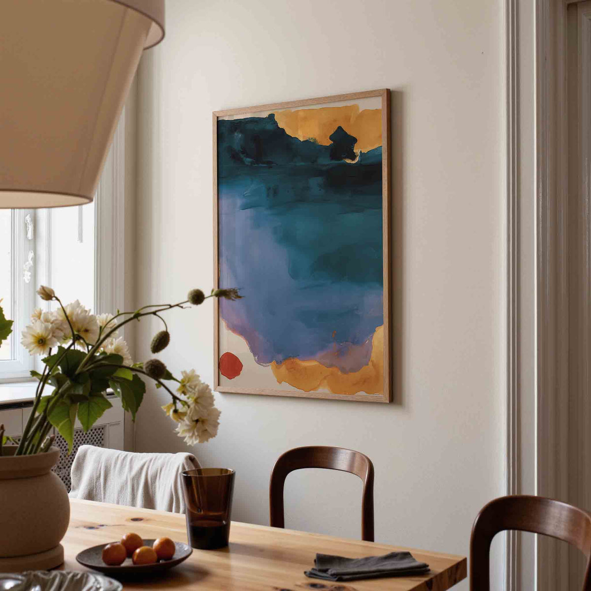 Blauw en oranje abstracte – eigentijdse illustratie poster in staand formaat