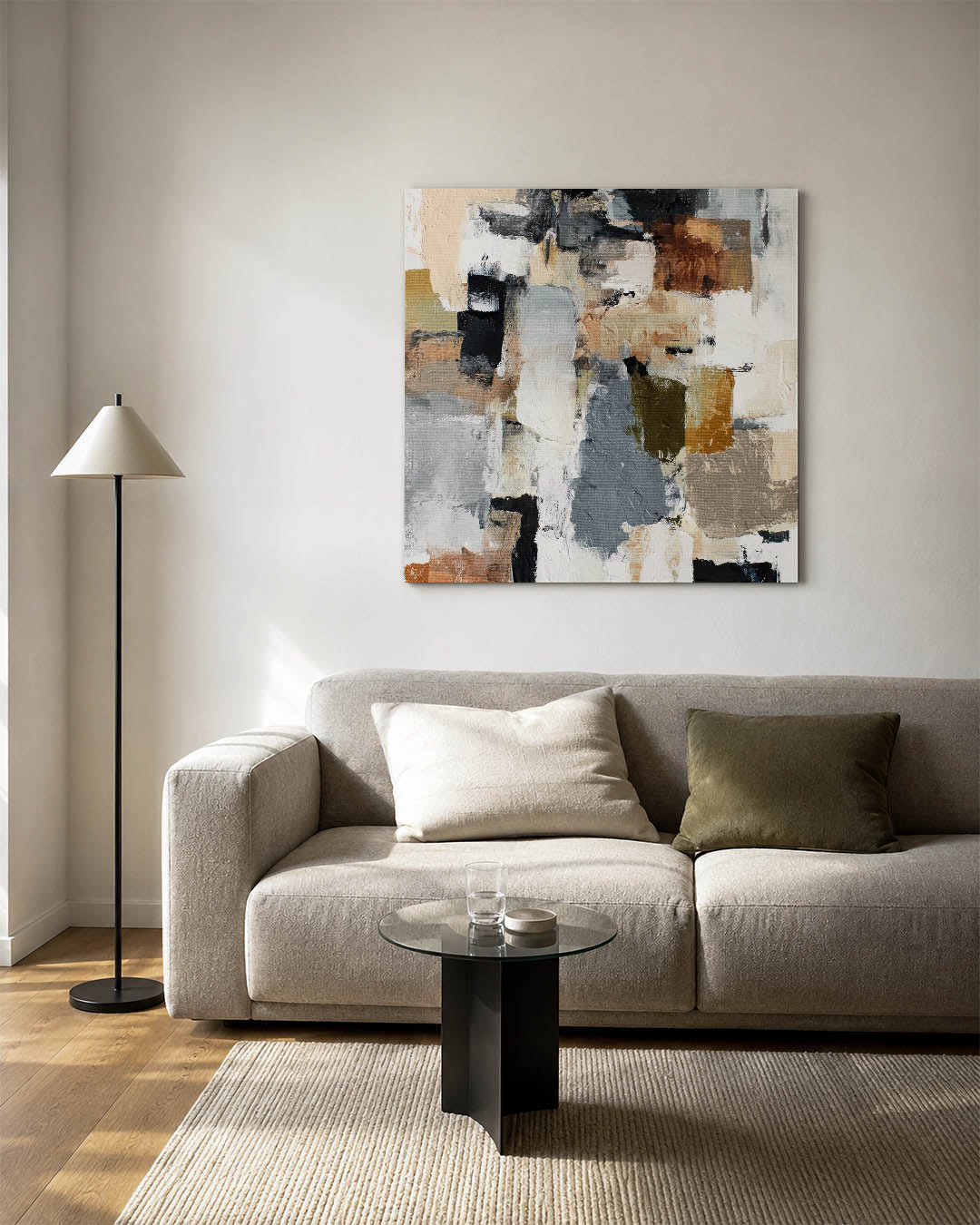 Dynamische kleurencompositie kunstwerk – vierkante wanddecoratie – dit werk toont een levendige mix van overlappende