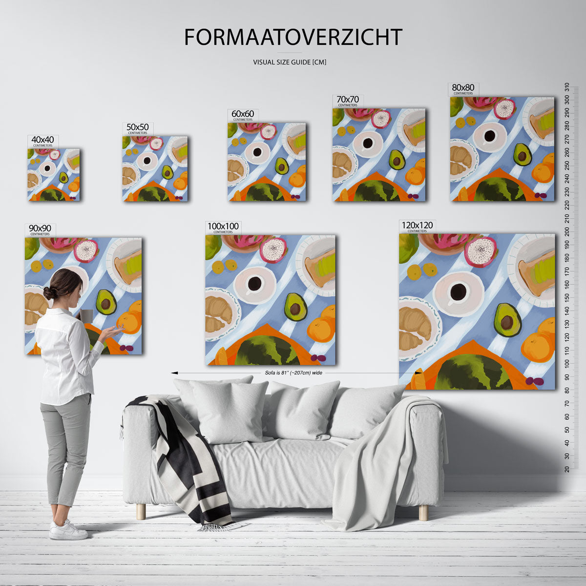 Ontbijt met fruit en koffie – vierkante muurposter met kleurrijke illustratie