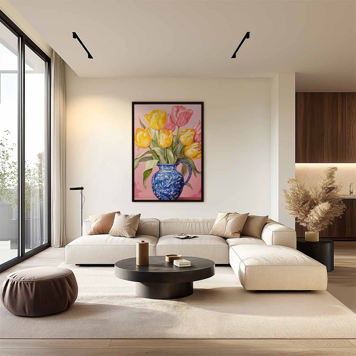 Bont Tulpenboeket in Blauwe Vaas – staand kunstwerk voor modern interieur