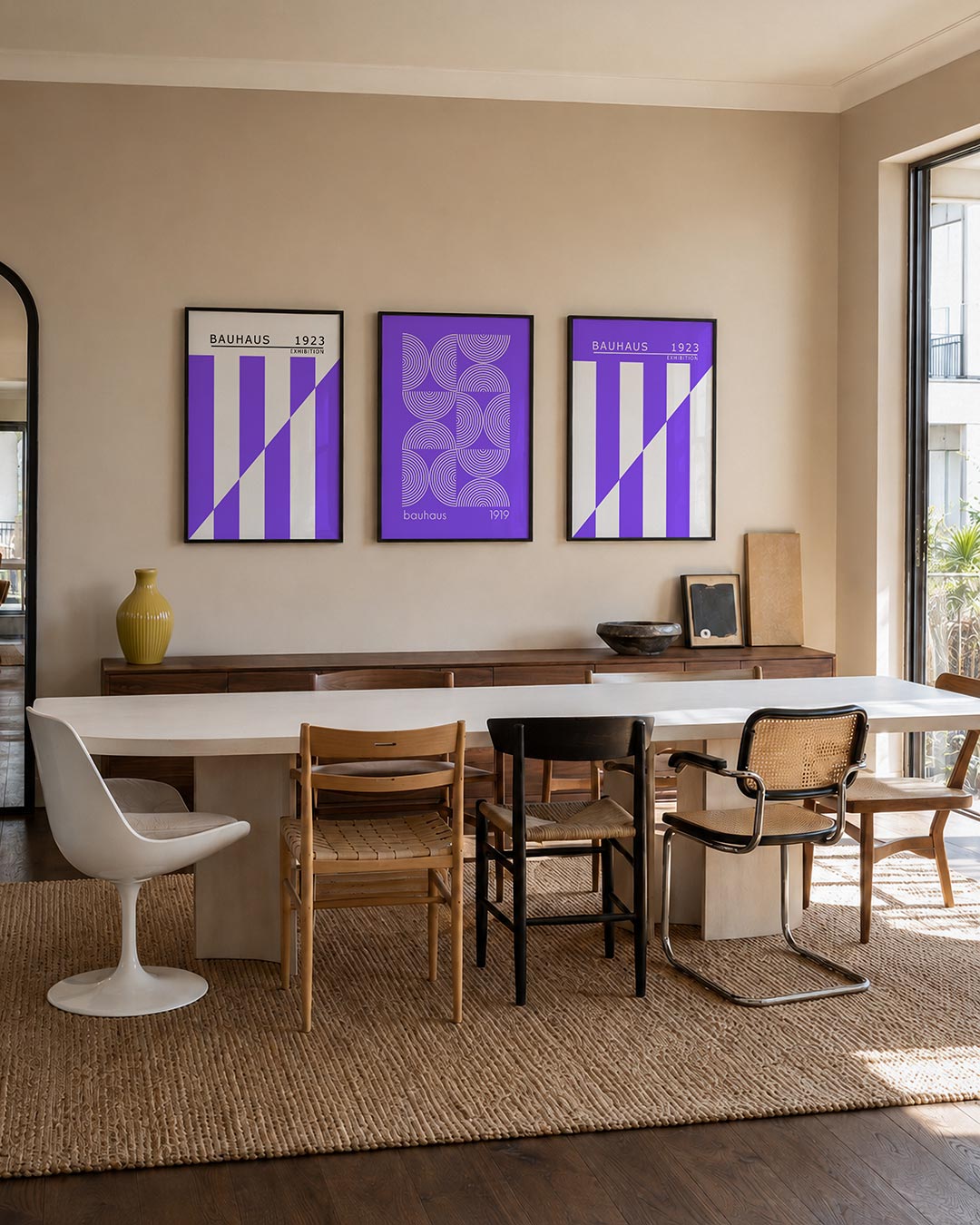 Lijnen en kleurvlakken driedelige posterset – deze posterset in drie delen toont een spel van paarse en