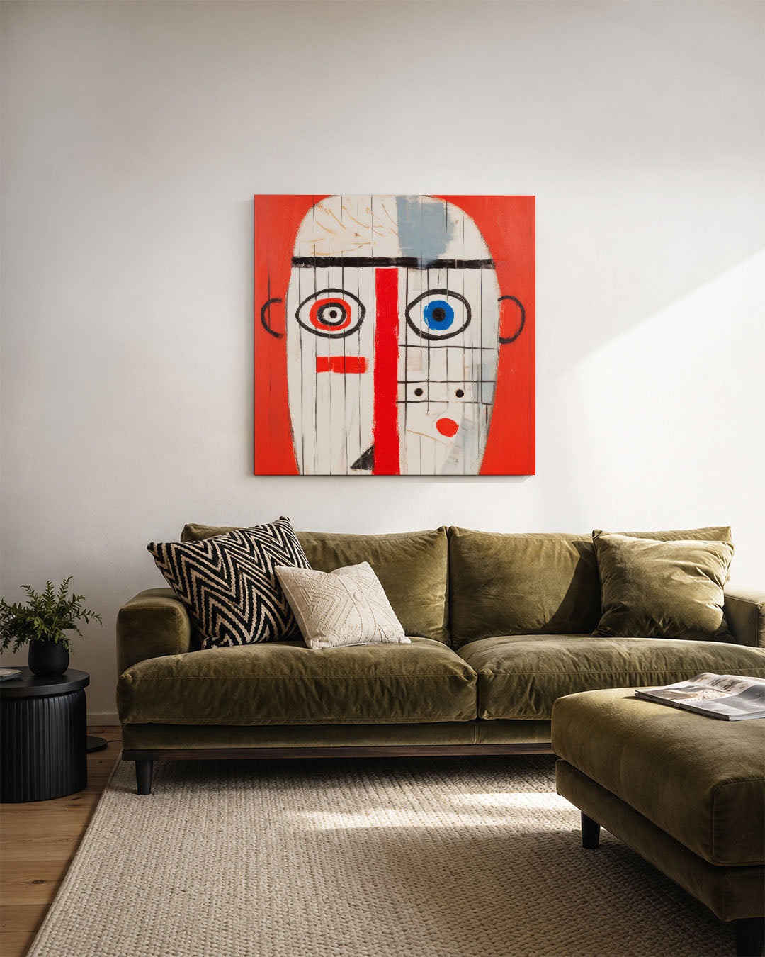 Geometrisch portret kunstwerk – derde productweergave – dit werk toont een gezicht met geometrische vormen en lijnen. De