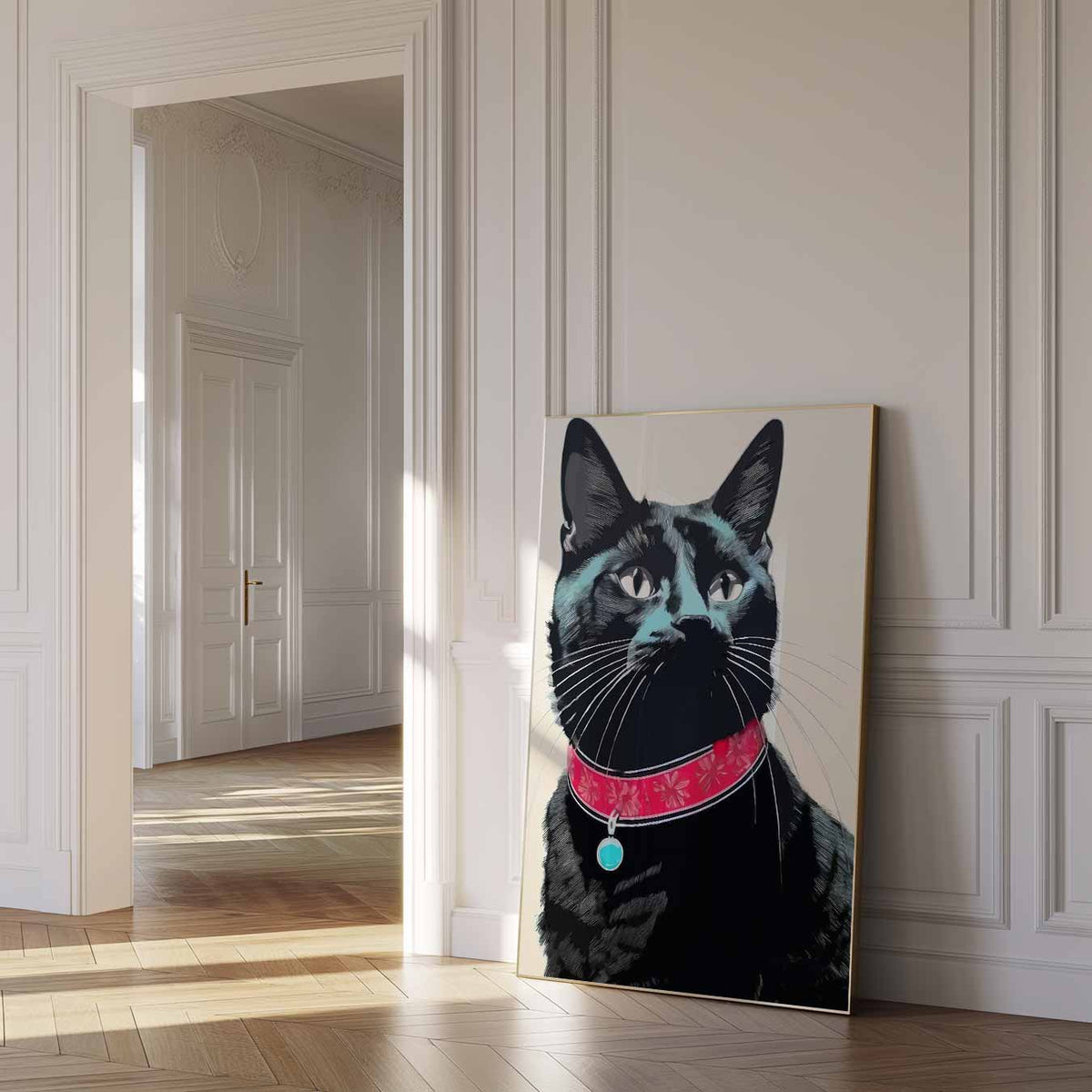 Stijlvolle Kattenposter met Rode Halsband – dierenposter als moderne staande wanddecoratie