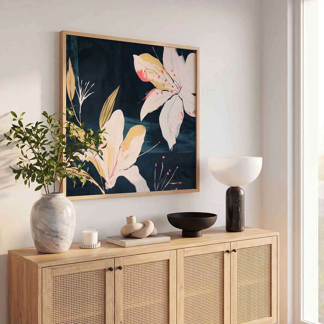 Witte bloemen en bladeren – illustratie poster in vierkant formaat
