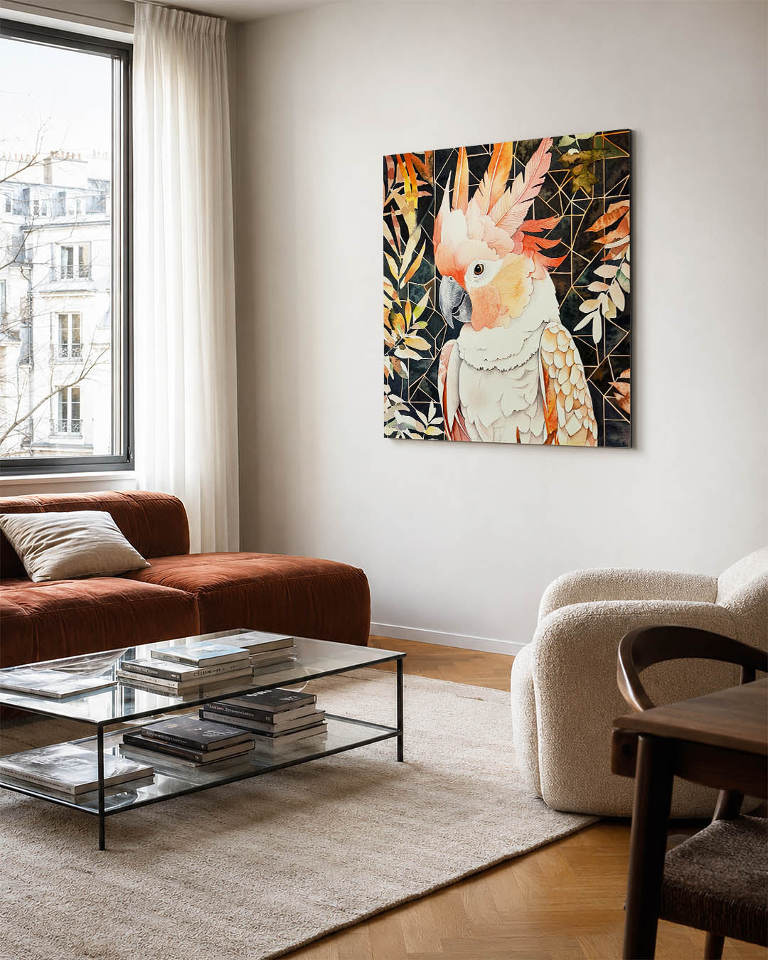 Vogels en geometrie kunstwerk – vierkante wanddecoratie – dit kunstwerk toont een vogel met levendige oranje en beige tinten