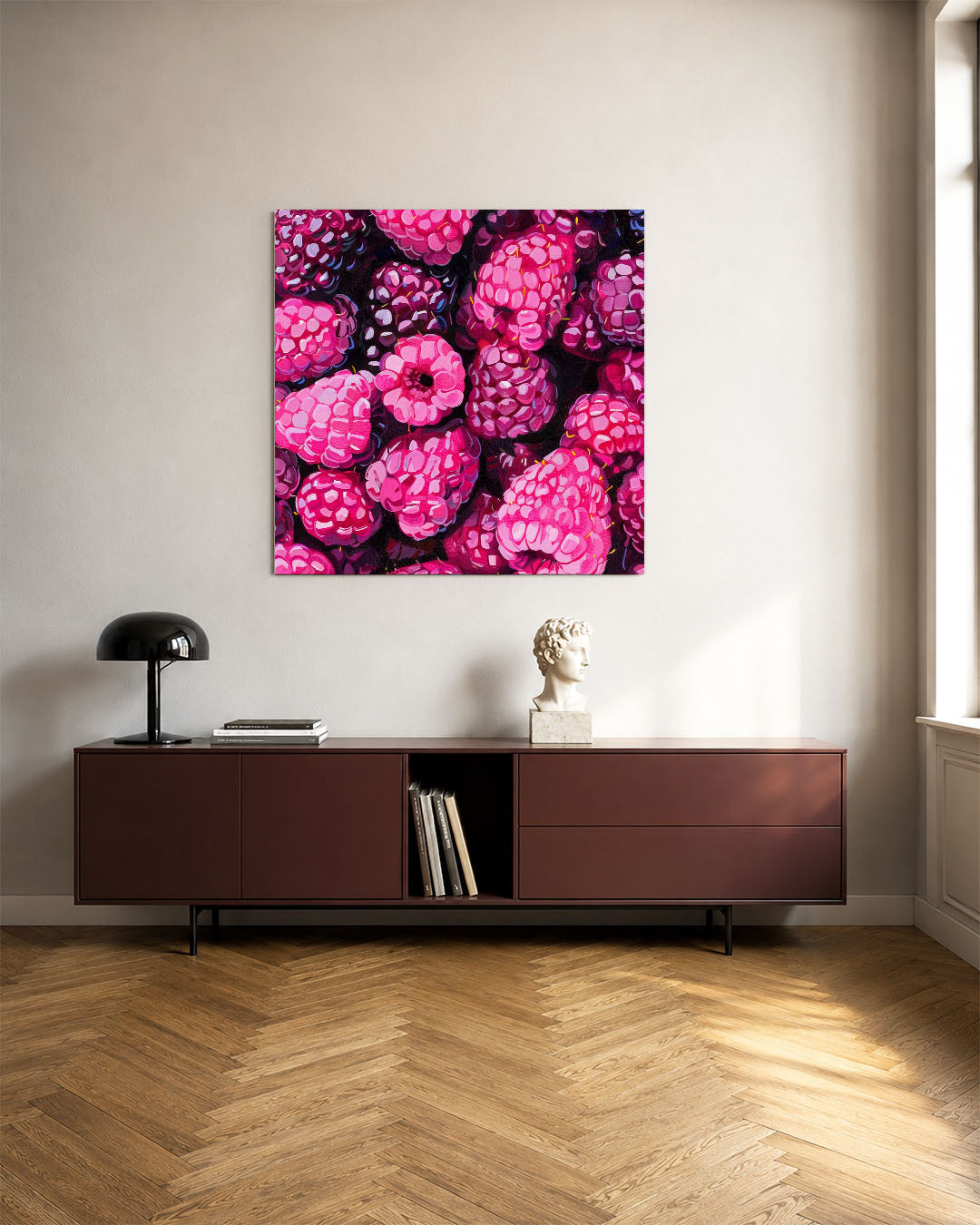 Fruitige patronen kunstwerk – tweede productweergave – dit kunstwerk toont een levendige verzameling van frambozen in diverse