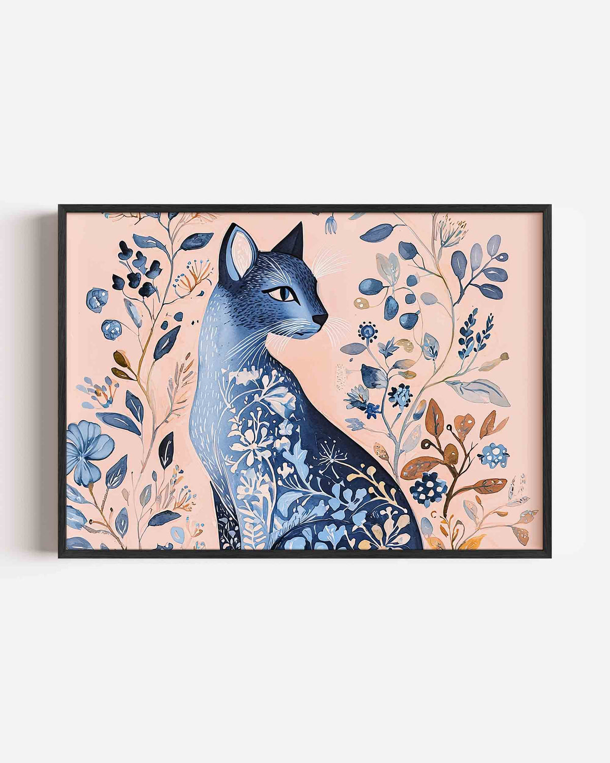 Blauwe kat met bloemen – dieren landscape poster als wanddecoratie