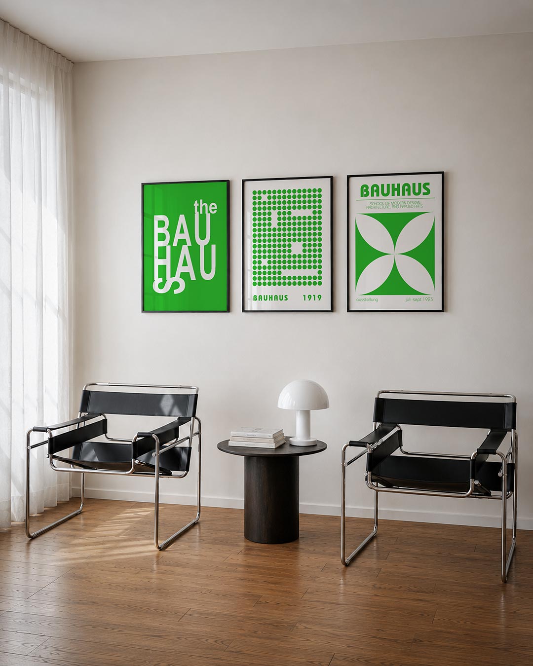 Typografisch spel posterset – tweede productweergave – witte letters dansen speels op een felgroene achtergrond. De