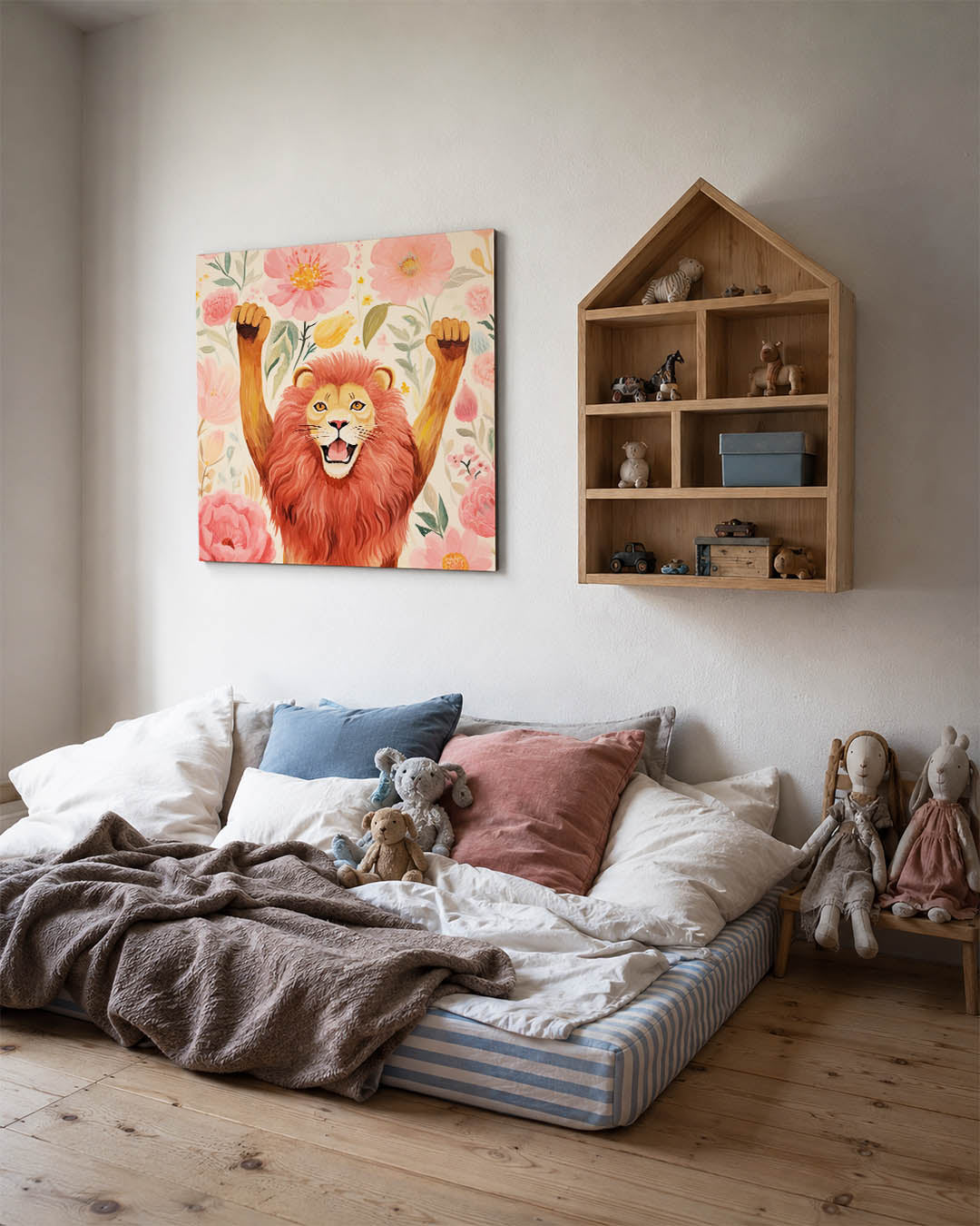 Vrolijke leeuw en bloemen kunstwerk – derde productweergave – dit werk toont een leeuw met opgeheven poten omringd door grote