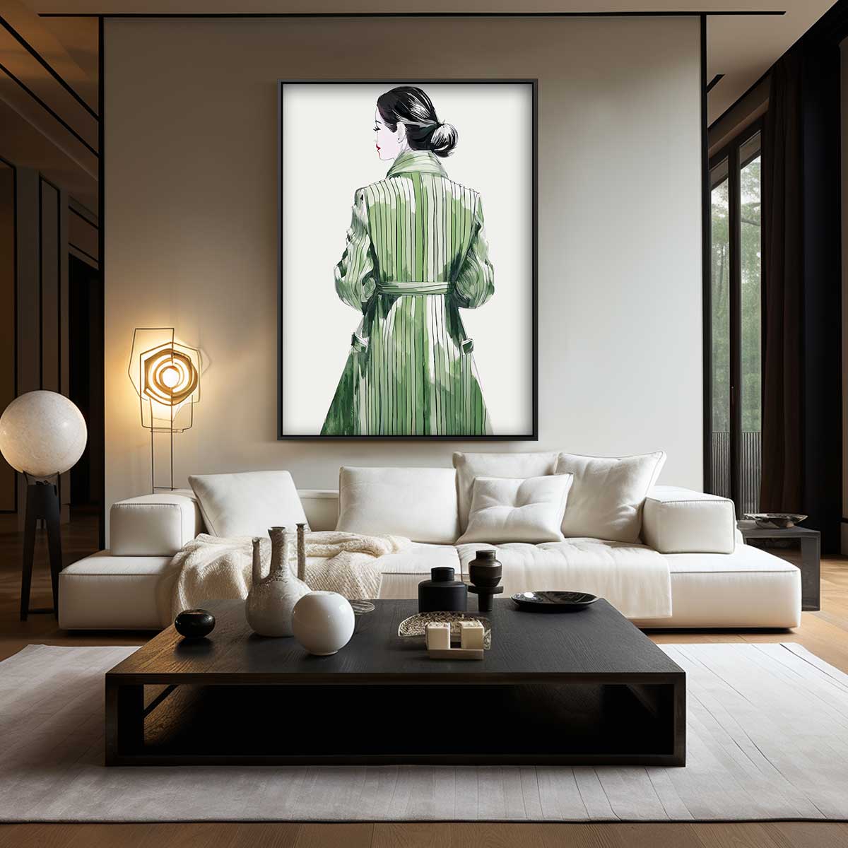 Elegante Gestalte in Groene Jas – modern portret kunstwerk van WallArtistic