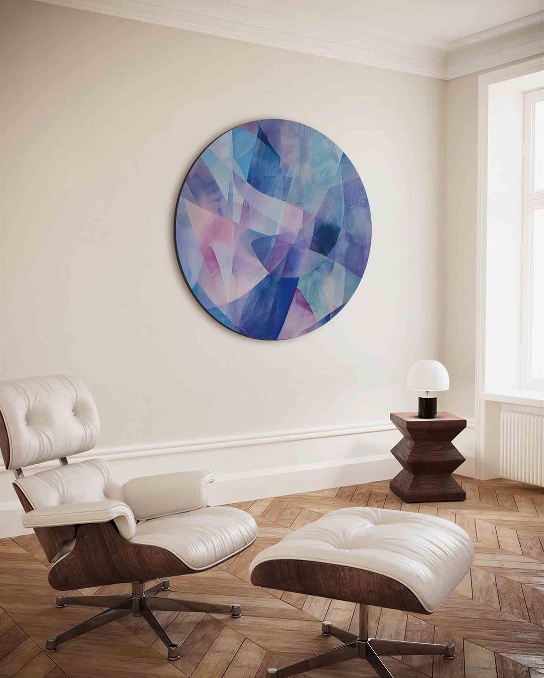 Abstracte blauwe vormen – moderne ronde wanddecoratie van WallArtistic