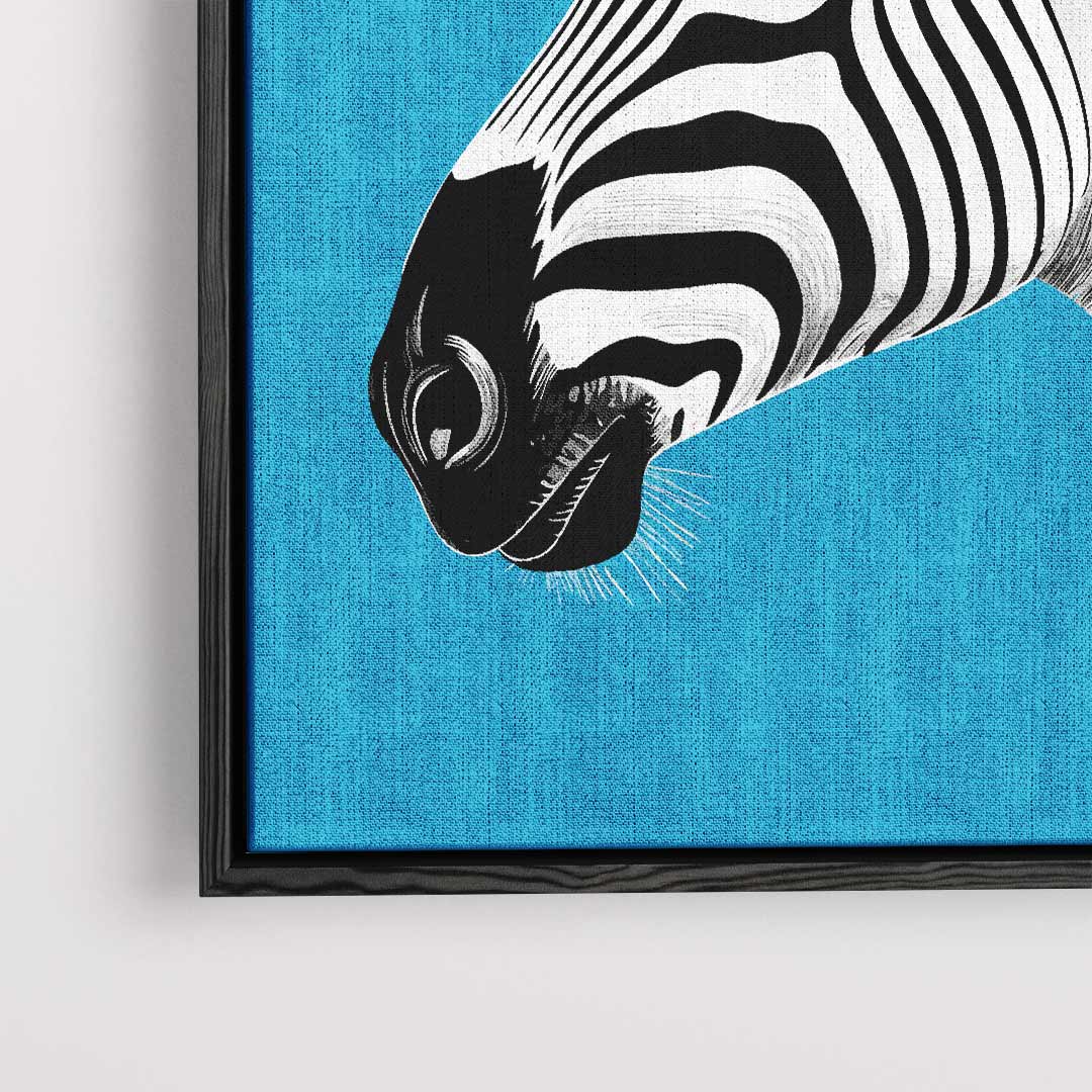 Zebra in het Blauw – plexiglas wanddecoratie in portret formaat