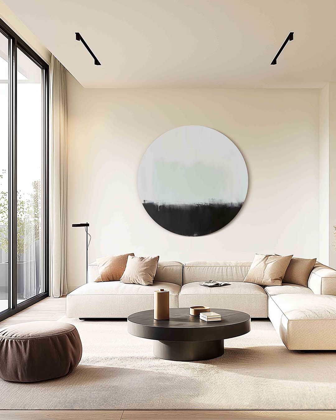 Abstracte zwart wit – kleurrijke muurcirkel als ronde wanddecoratie