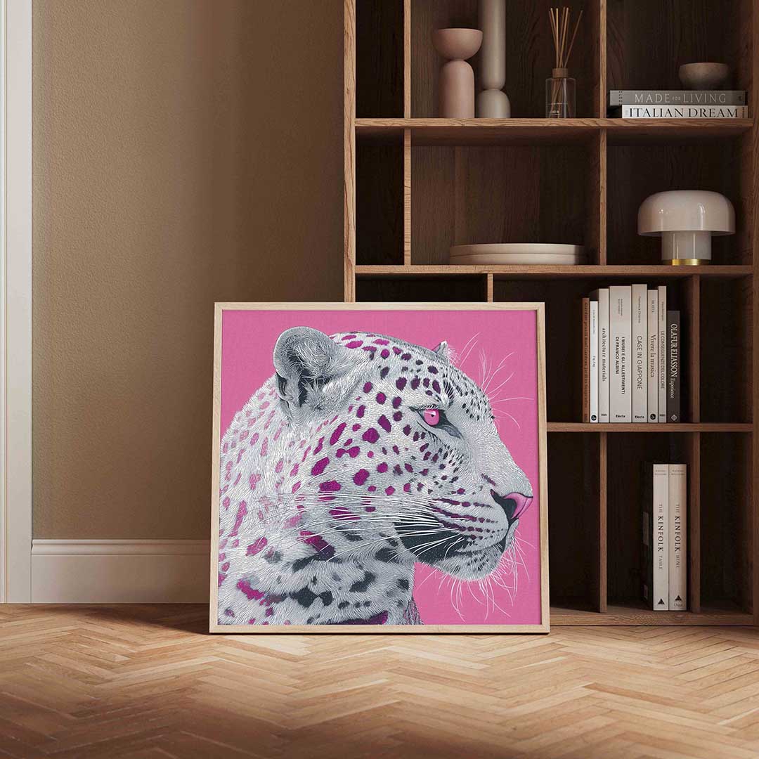 Roze luipaard – kleurrijke Pop Art poster in vierkant formaat