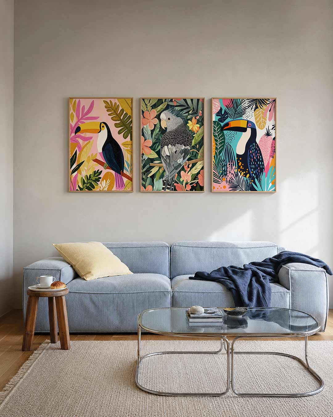 Tropische kleurvlakken posterset – tweede productweergave – een speelse compositie met een toekan omringd door