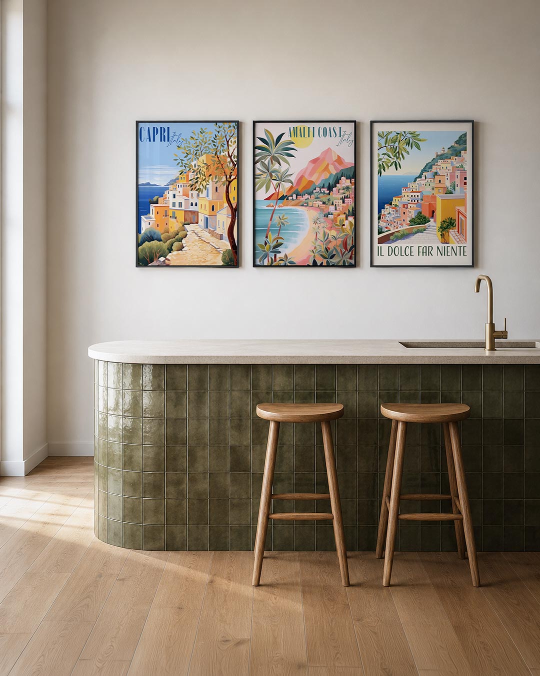 Zonnige kustlijn posterset – tweede productweergave – deze posterset in drie delen toont een levendig dorp aan zee