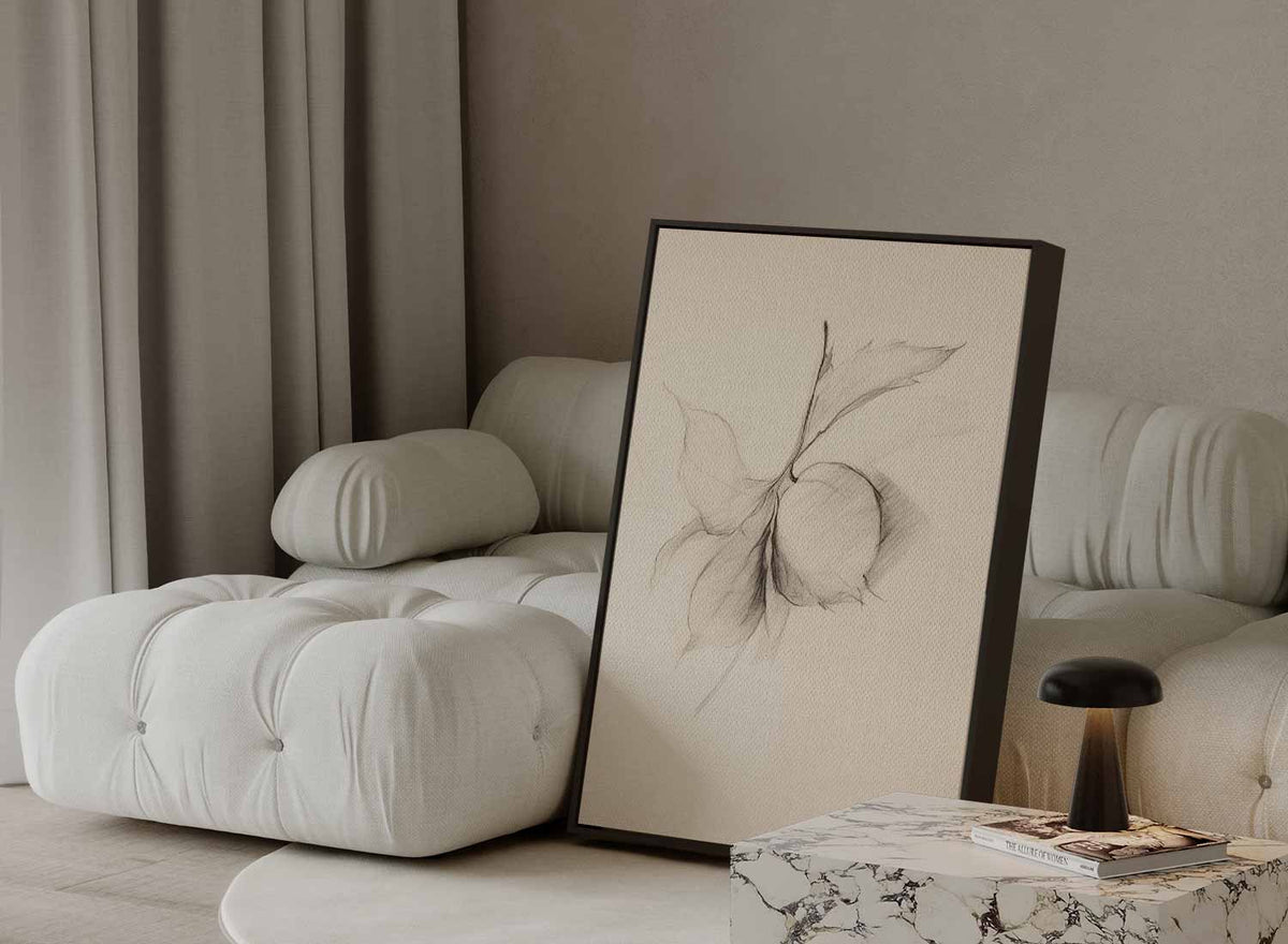 Minimalistische Potloodtekening van Blad en Vrucht – staande wandkunst voor woonkamer of interieur