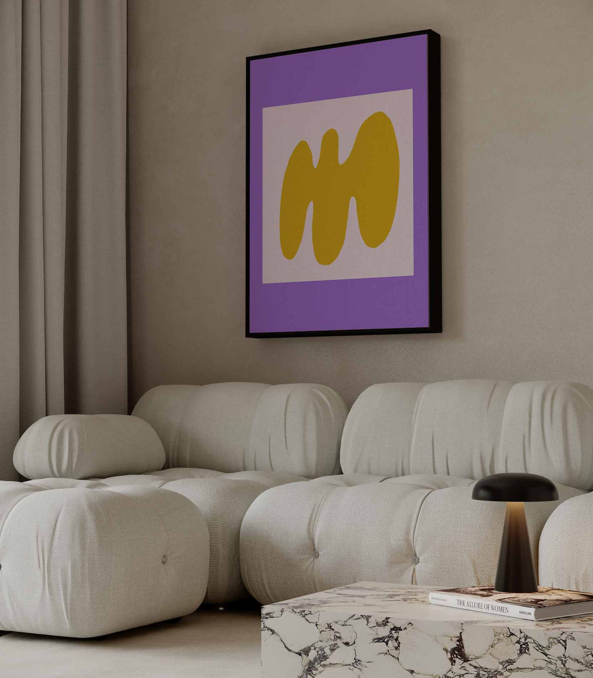 Abstracte Gele Golf op Paarse Achtergrond – staande wandkunst voor woonkamer of interieur