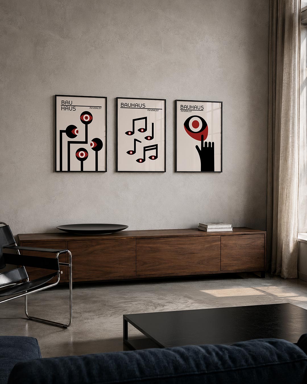 Oogvormen en lijnen posterset – tweede productweergave – deze posterset in drie delen toont een spel van zwarte lijnen en