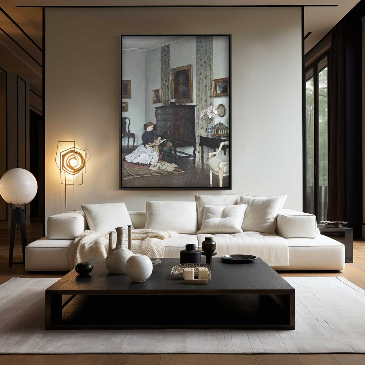 Lezen in een Sereen Salon – staand kunstwerk voor modern interieur