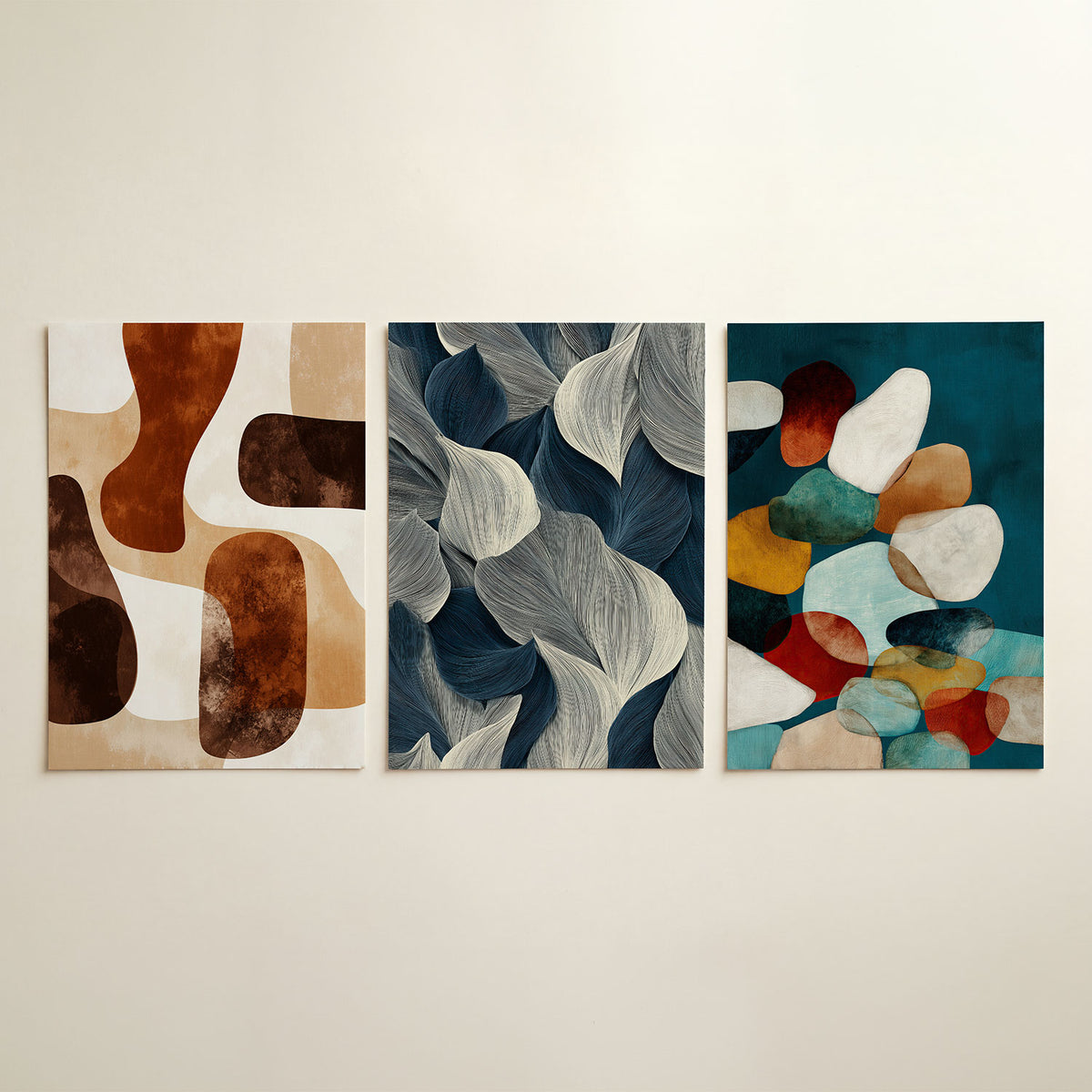 Organische vormen driedelige posterset in tweede interieur