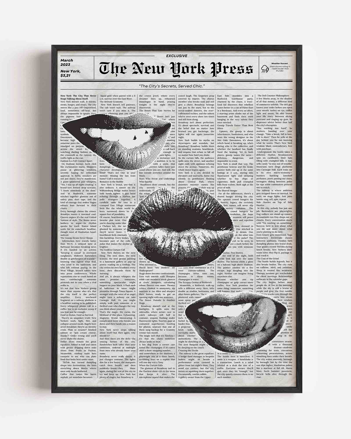 Lippen en krantenachtergrond – Pop Art portret poster als wanddecoratie