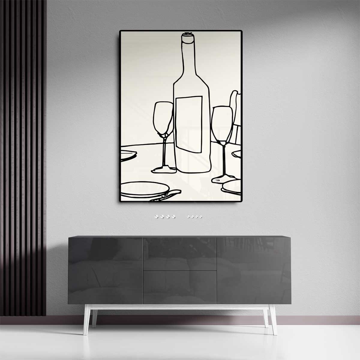 Minimalistisch Tafereel van Wijn en Glazen – canvas kunstwerk als wanddecoratie