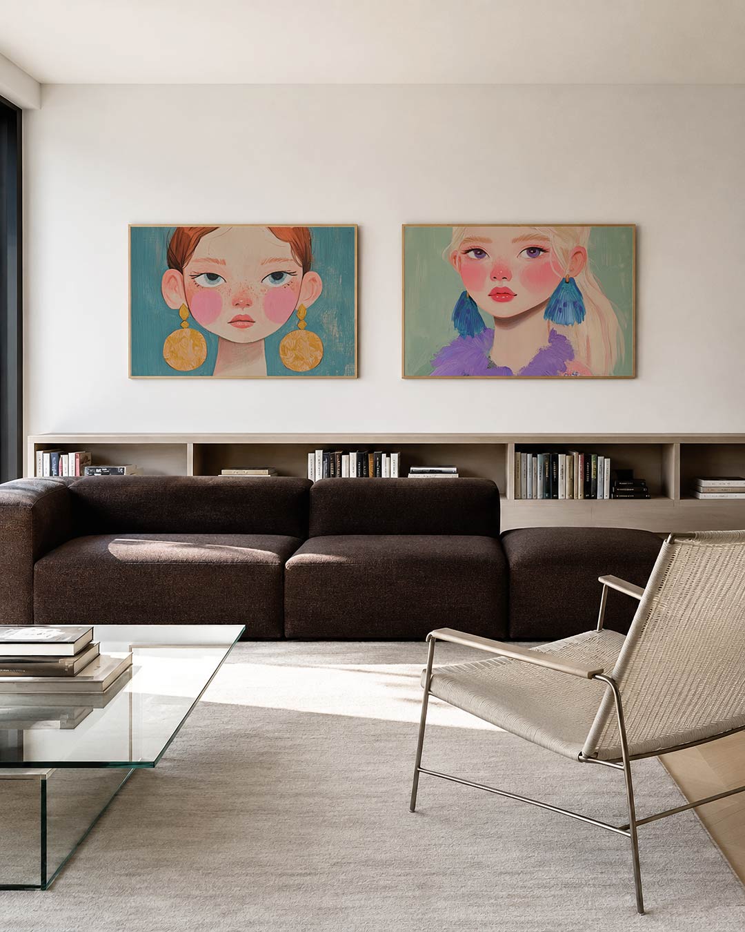 Twee liggende posters met donkere tinten en een rustige visuele opbouw, aan de muur in een interieur