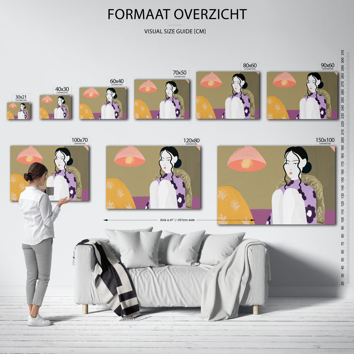 Vrouw met lamp – landscape muurposter met eigentijdse illustratie