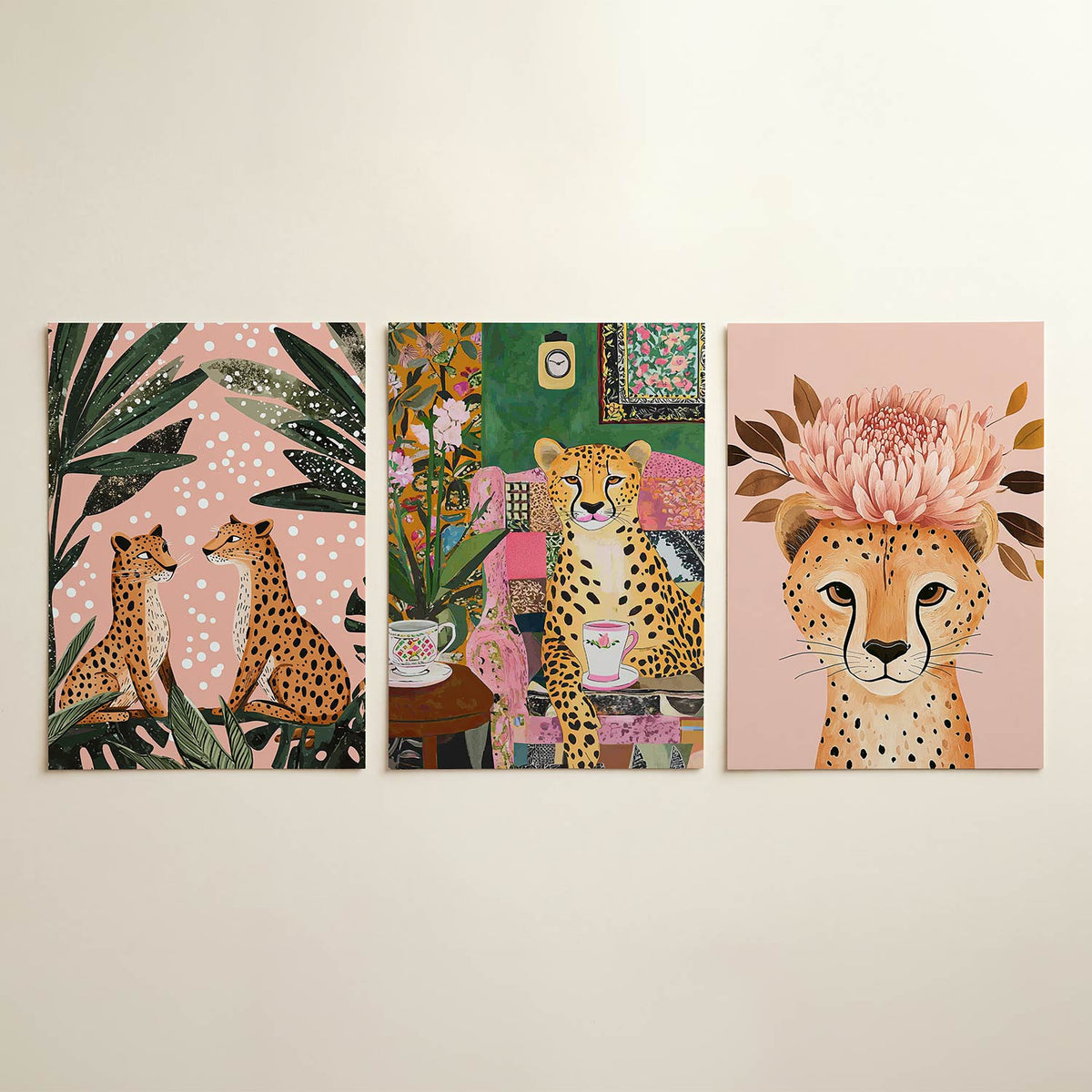 Jungle ontmoeting posterset – detailweergave – twee luipaarden zitten tegenover elkaar, omringd door grote