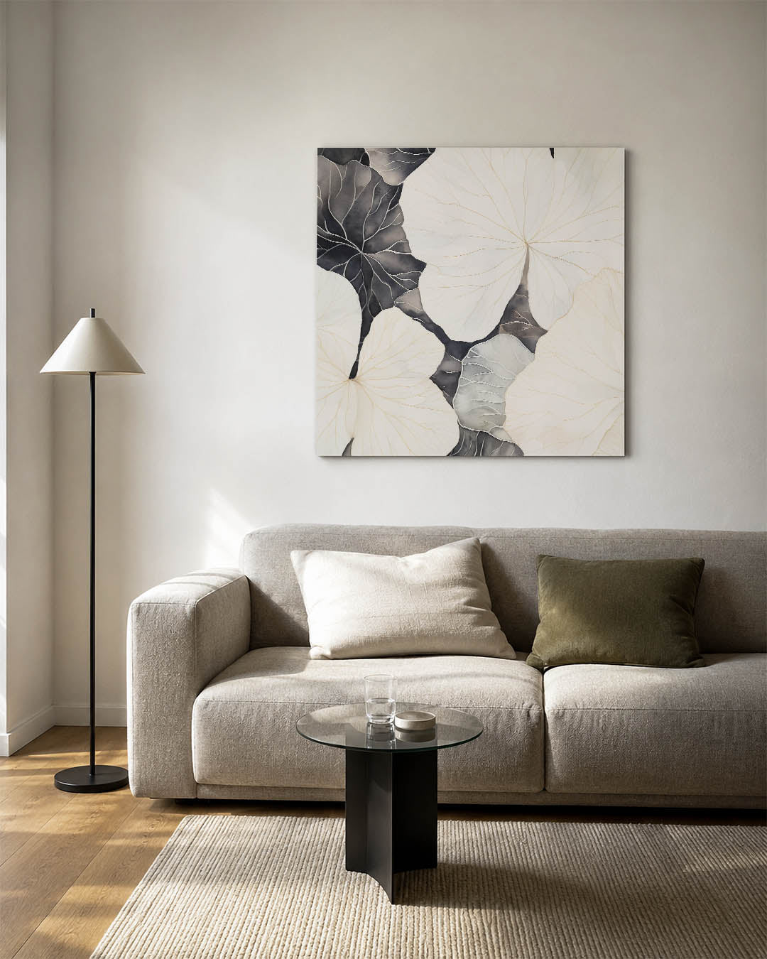 Organische lijnen kunstwerk – vierkante wanddecoratie – dit kunstwerk toont grote, vloeiende vormen die elkaar overlappen. De