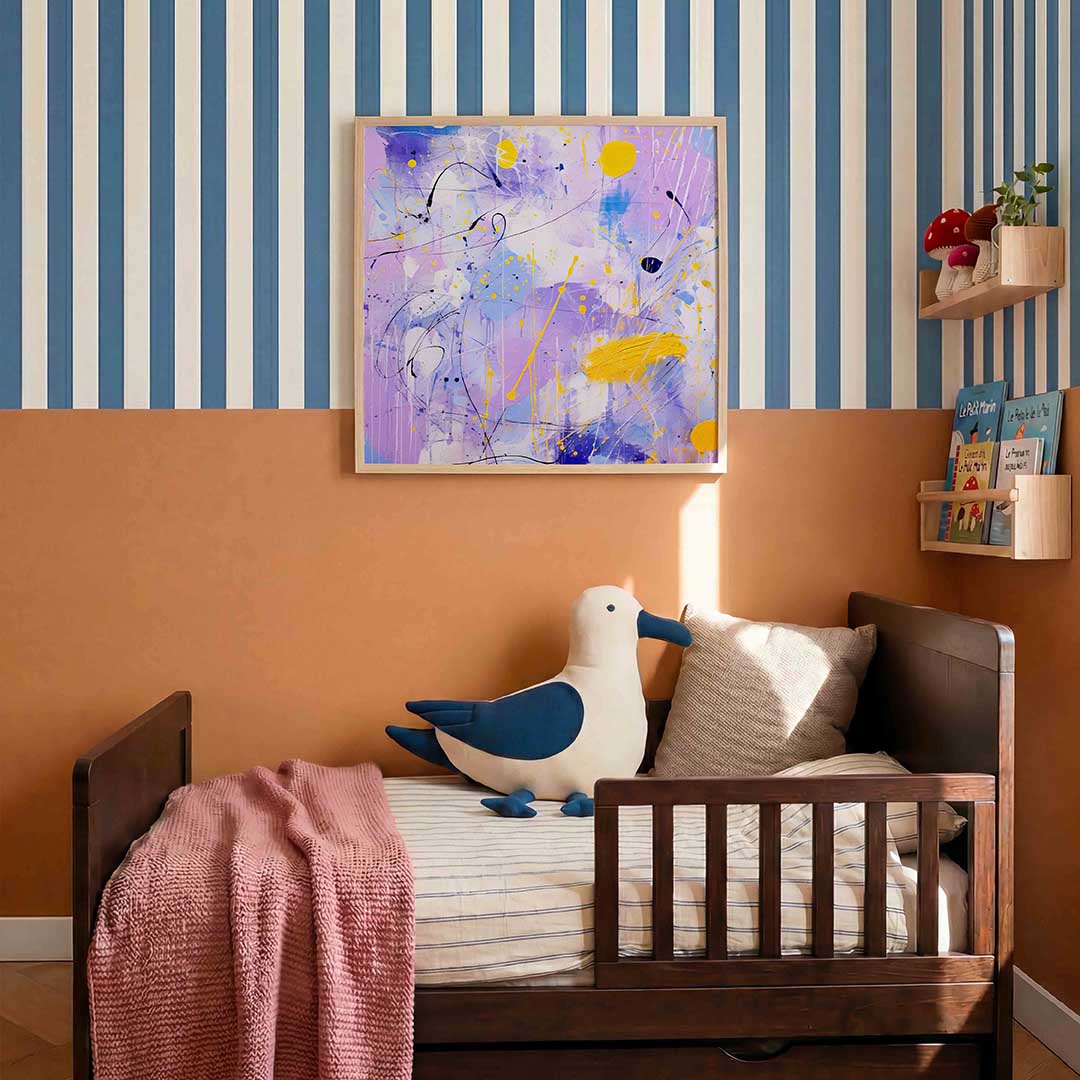 Abstracte paarse en gele – kids poster in vierkant formaat