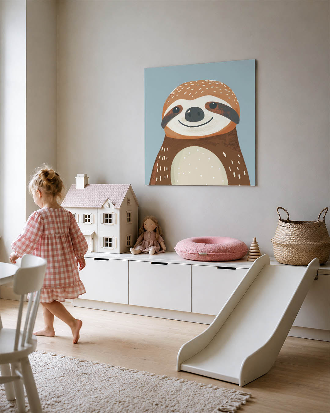 Vrolijke luiaard illustratie kunstwerk – tweede productweergave – dit werk toont een schattige luiaard met een glimlach