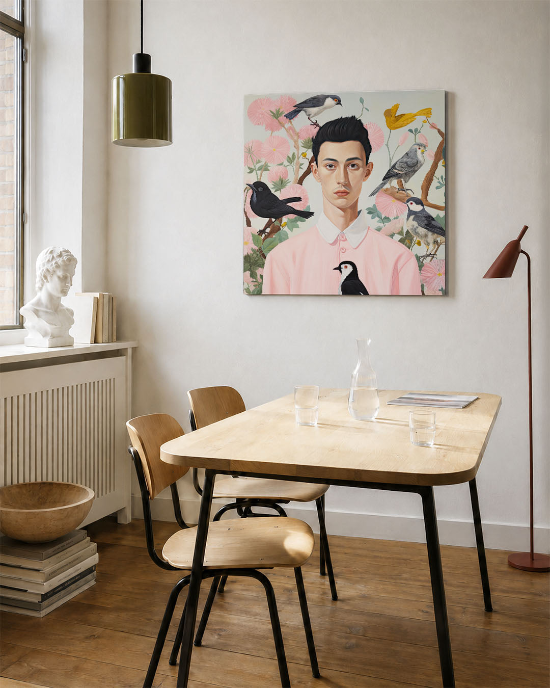 Vogels en bloemen portret kunstwerk – vierkante wanddecoratie – dit kunstwerk toont een serene compositie van een persoon