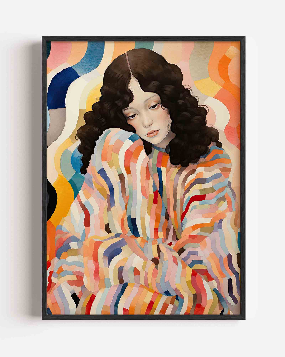 Vrouw met kleurrijke strepen – kleurrijke illustratie portret poster als wanddecoratie