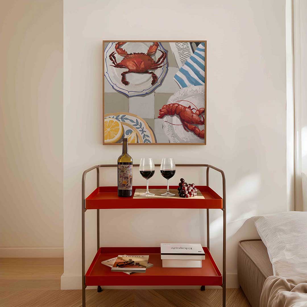 Krab en kreeft op borden – vierkante keuken wanddecoratie van WallArtistic