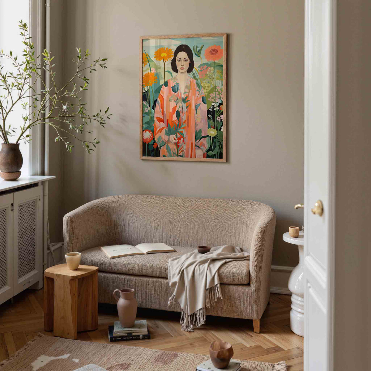 Vrouw met bloemen – botanische poster in staand formaat