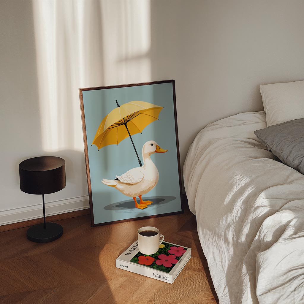 Vrolijke Eend met Paraplu – staande zomer wanddecoratie van WallArtistic