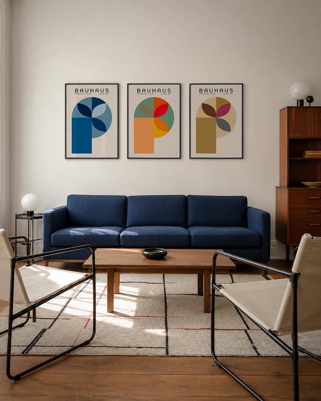 Vormen en vlakken driedelige posterset – deze posterset in drie delen toont een spel van blauwe en grijze vormen. Halve