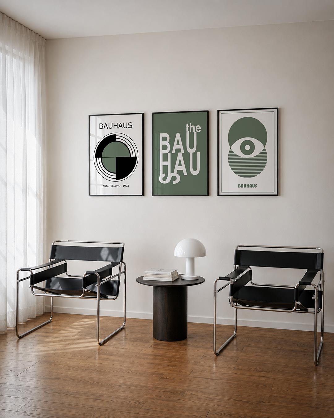 Cirkelritme en lijnen posterset – tweede productweergave – deze posterset in drie delen toont een centrale cirkel met halve